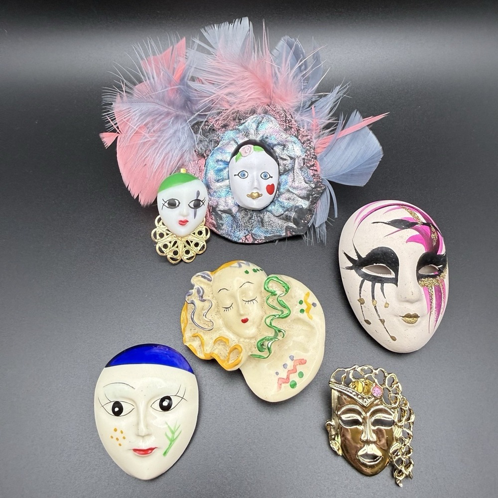 Vintage Mardi Gras Theater Mask Face Brooch Lot 6 Metallic Rhinestone & Feathers